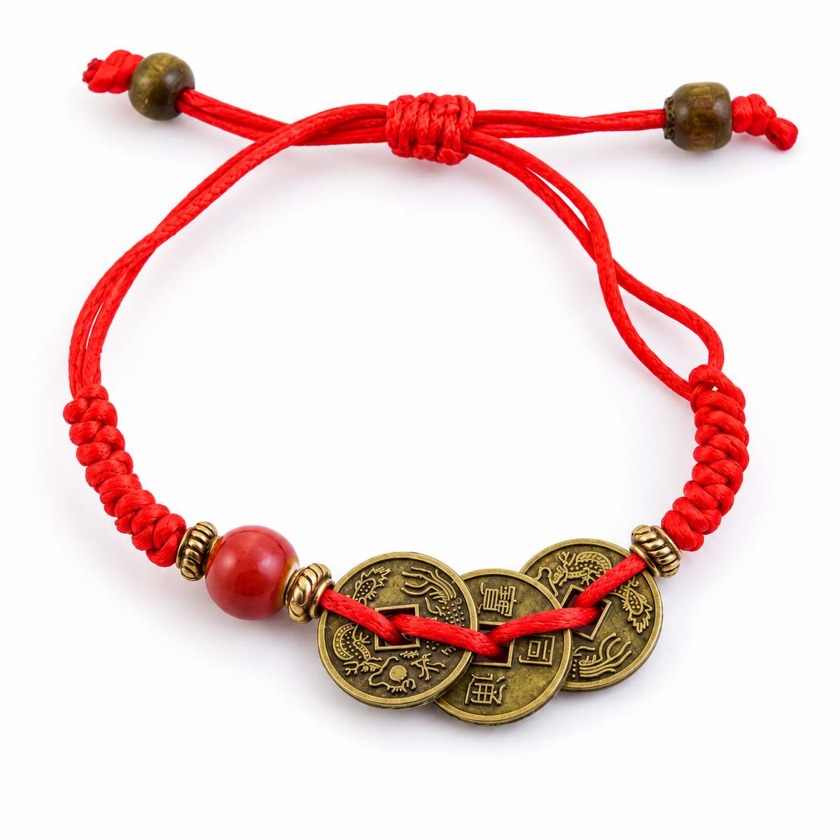 Pulsera Roja Feng Shui Para La Prosperidad - Monedas Chinas de la Fortuna con nudo corredizo