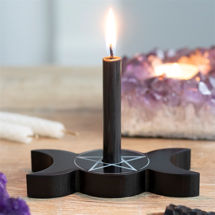 Portavelas esotérico con símbolo Triple Luna, ideal para rituales mágicos.