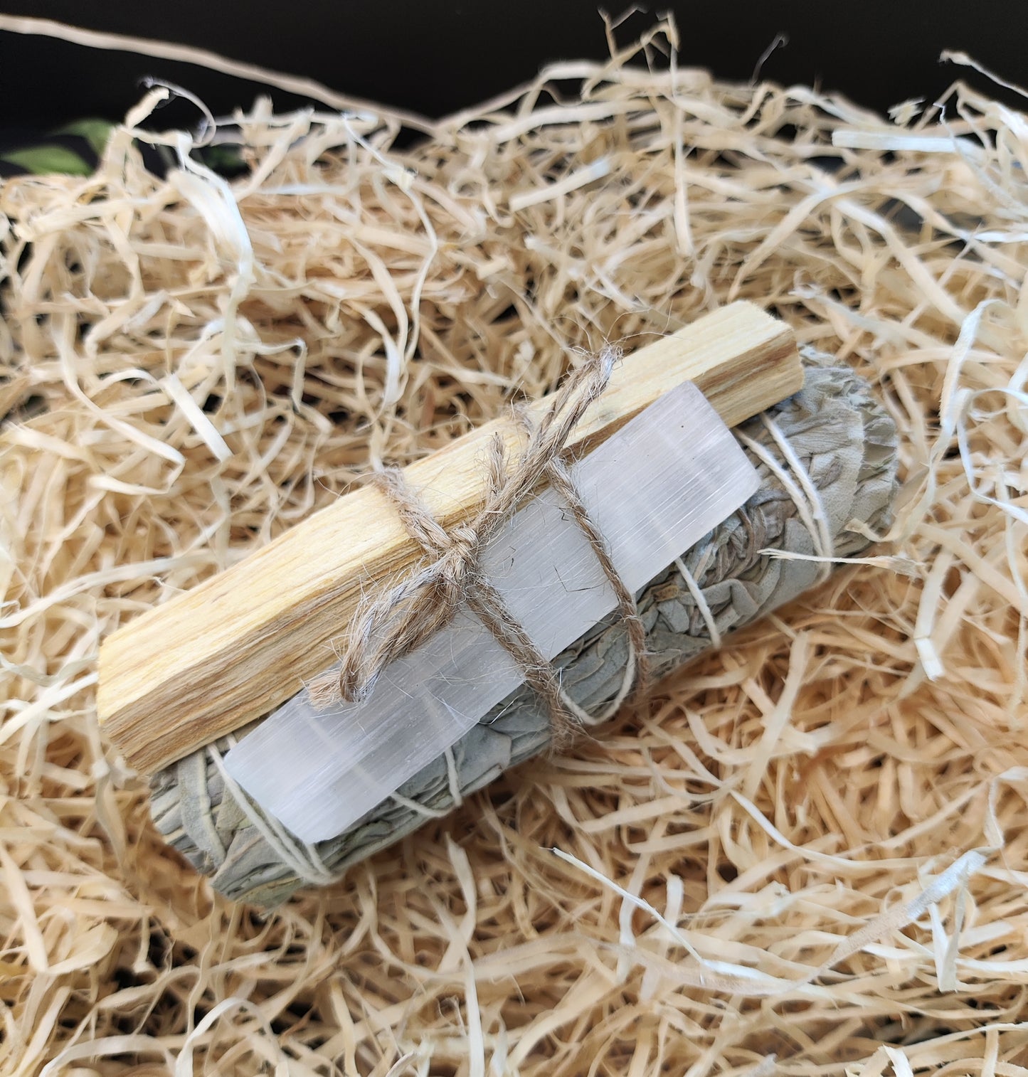 Set esotérico con palo santo, salvia blanca y varita de selenita sobre fondo blanco, acompañado de plantas. Ritual para armonía, limpieza energética y protección