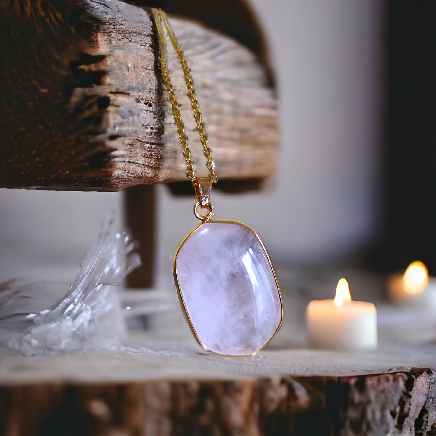 colgante de cuarzo rosa pulido con baño dorado sobre fondo neutro