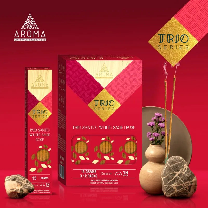 Incienso Aroma Trio – Palo Santo, Salvia Blanca y ROSAS