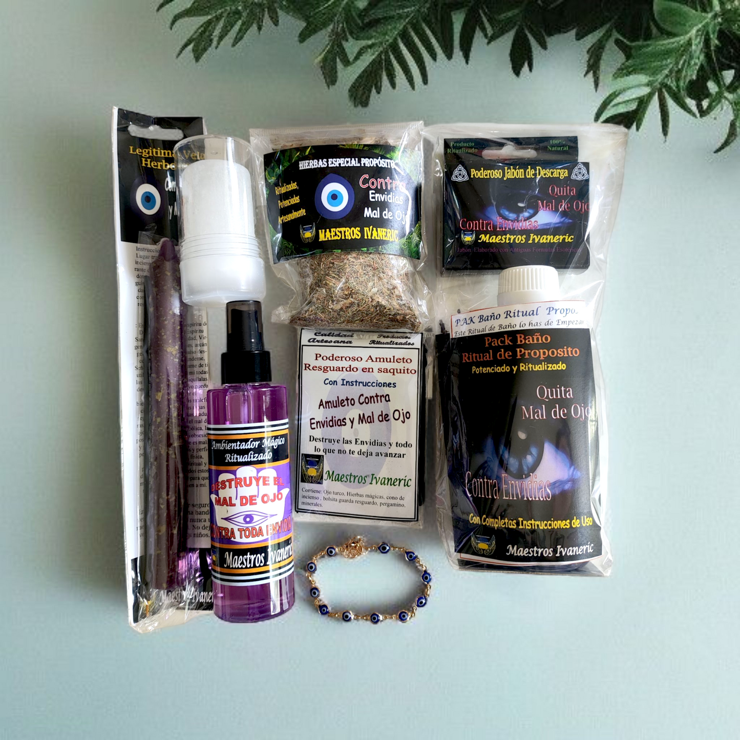 Pack contra mal de ojo y envidias con vela, amuleto, spray, hierbas, pulsera ojo turco y roll-on de alumbre – Pack completo Magic Moon
