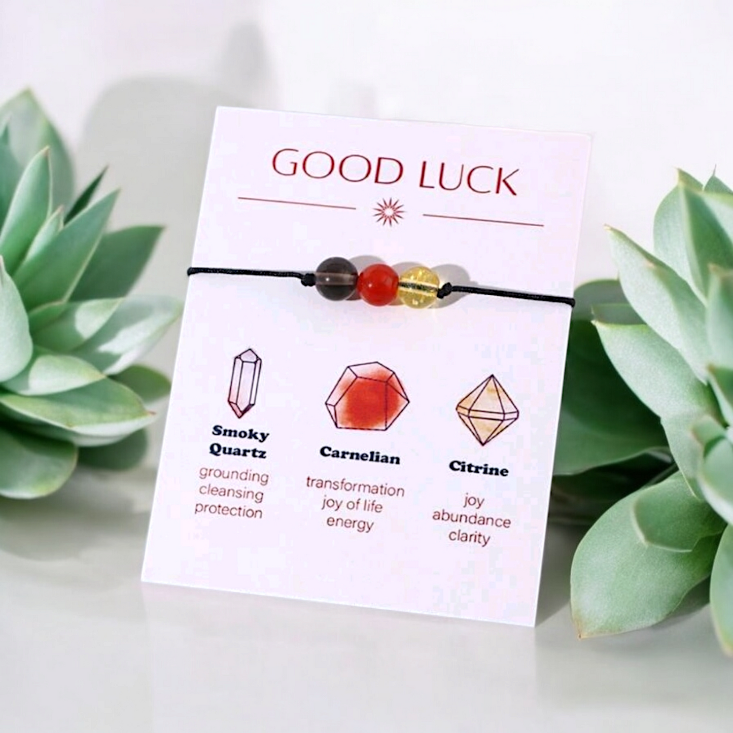 pulsera de la buena suerte con cuarzo ahumado, carneola y citrino