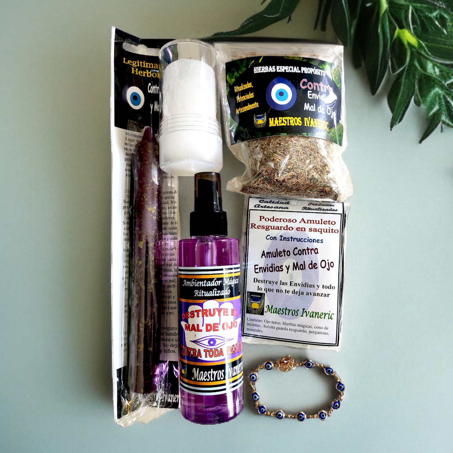 Pack contra mal de ojo y envidias con vela, amuleto, spray, hierbas, pulsera ojo turco y roll-on de alumbre – Pack Simple Magic Moon