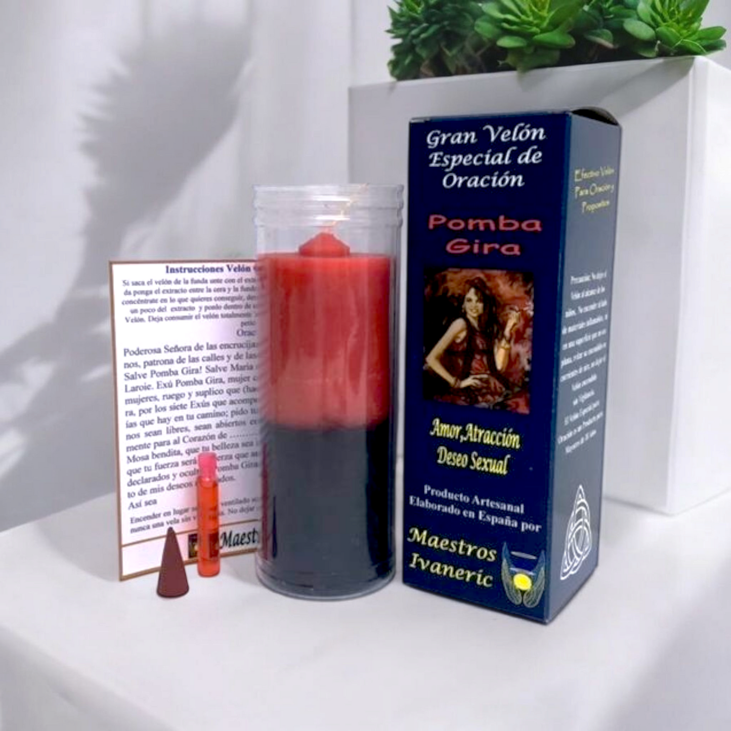 velón rojo y negro , aceite esotérico e incienso con imagen de Pomba Gira y envoltorio esotérico