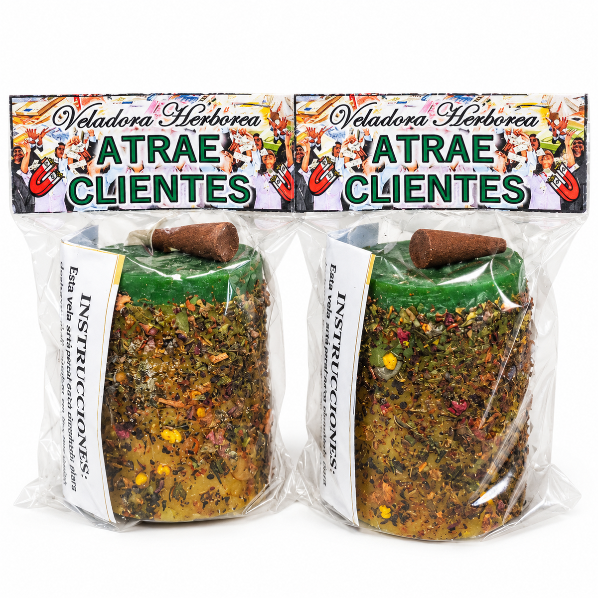 Veladora Herbórea Atrae Clientes para rituales de prosperidad, apertura de caminos y atracción de oportunidades para tu negocio.