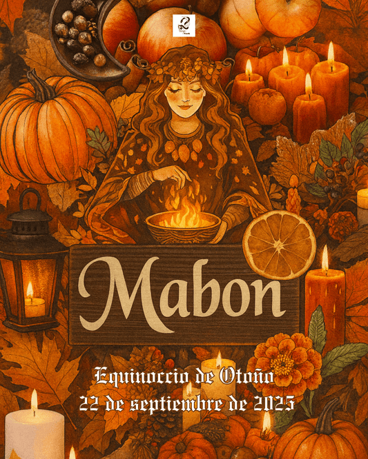 Altar de Mabon con vela dorada, manzanas, uvas y cristales para el equinoccio de otoño