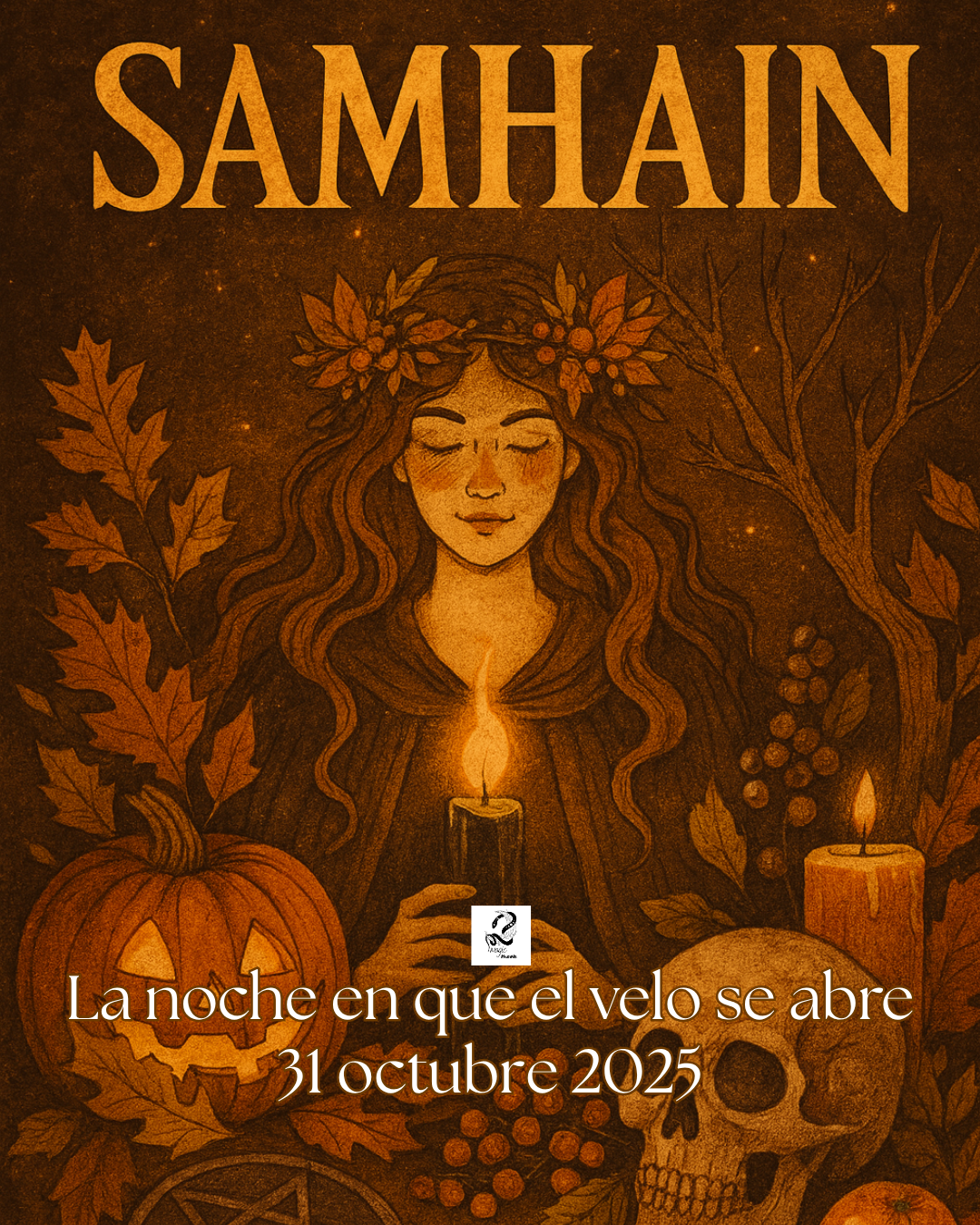 Ritual de Samhain con velas encendidas, calabazas, hierbas y símbolos celtas sobre un altar, representando el fin del ciclo y la conexión con los ancestros.