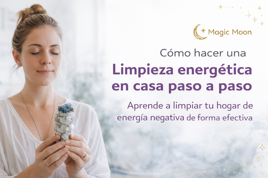 Mujer realizando una limpieza energética en casa con sahumerio, guía paso a paso de Magic Moon para limpiar energías negativas del hogar