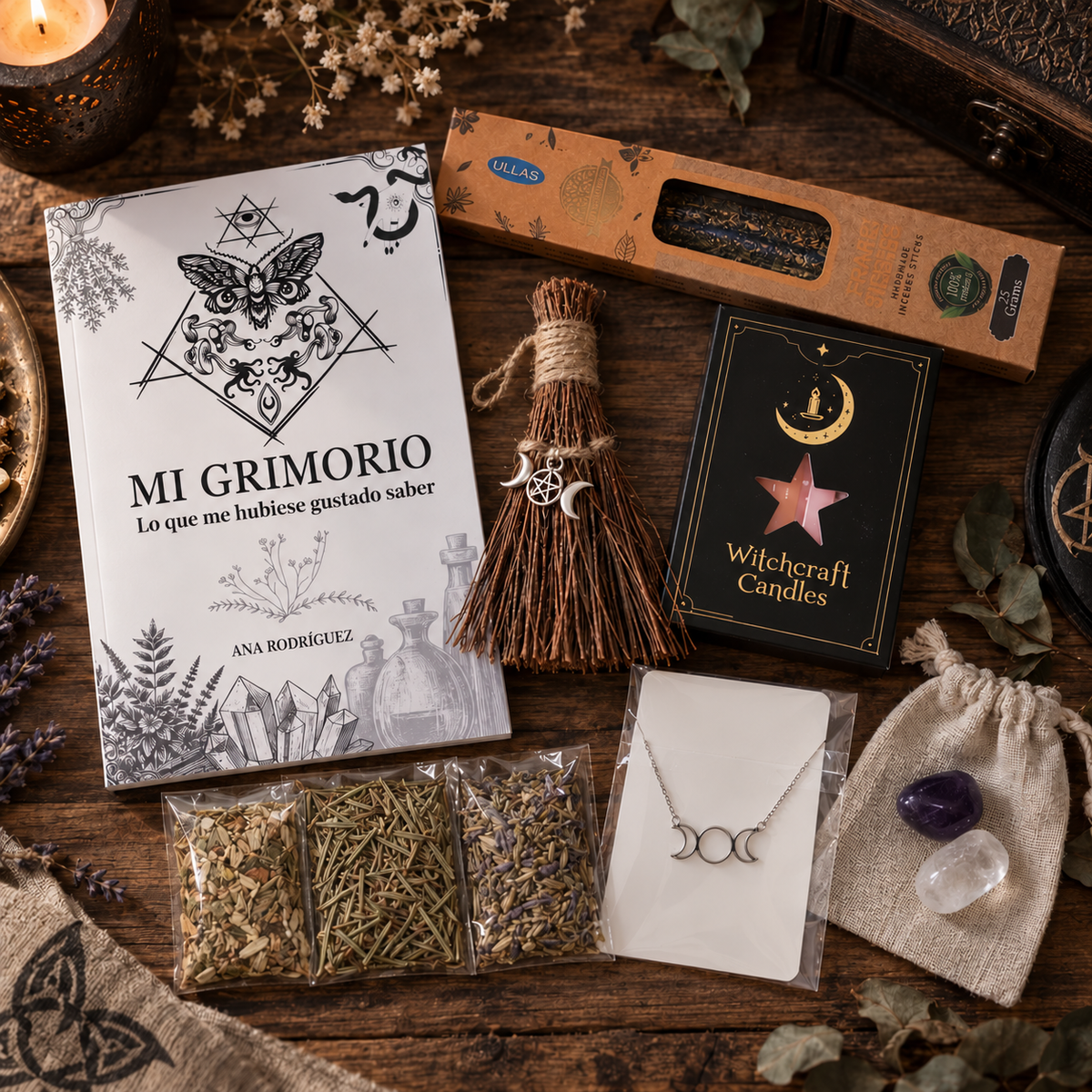 Pack de Iniciación a la Brujería con Grimorio y Herramientas Mágicas