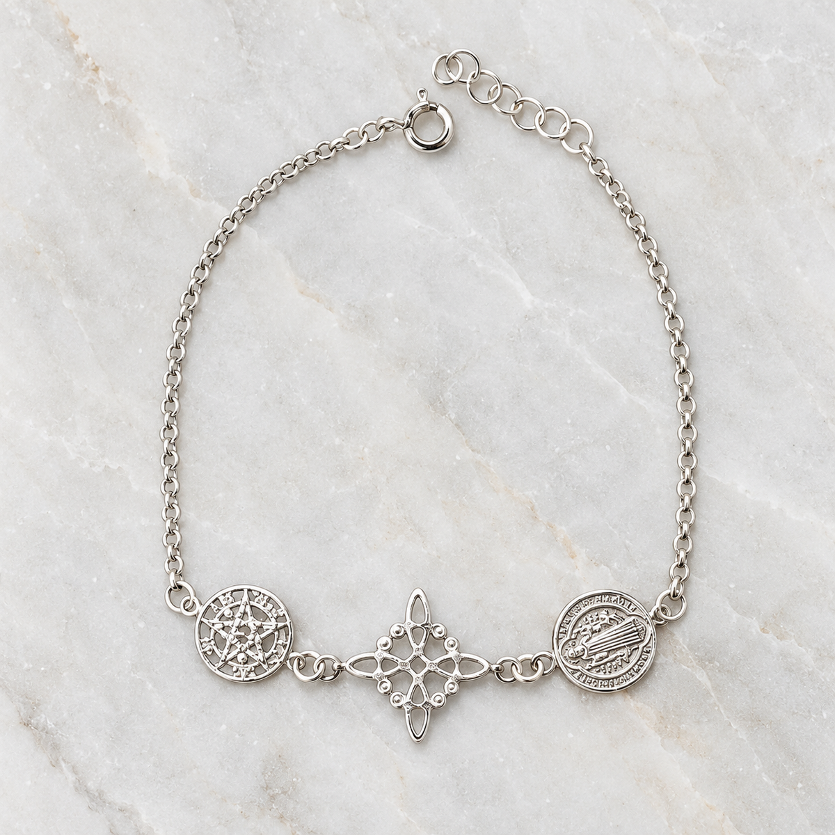 Pulsera Triple Protección en Plata de Ley - Tetragramatón, Nudo de Bruja y San Judas