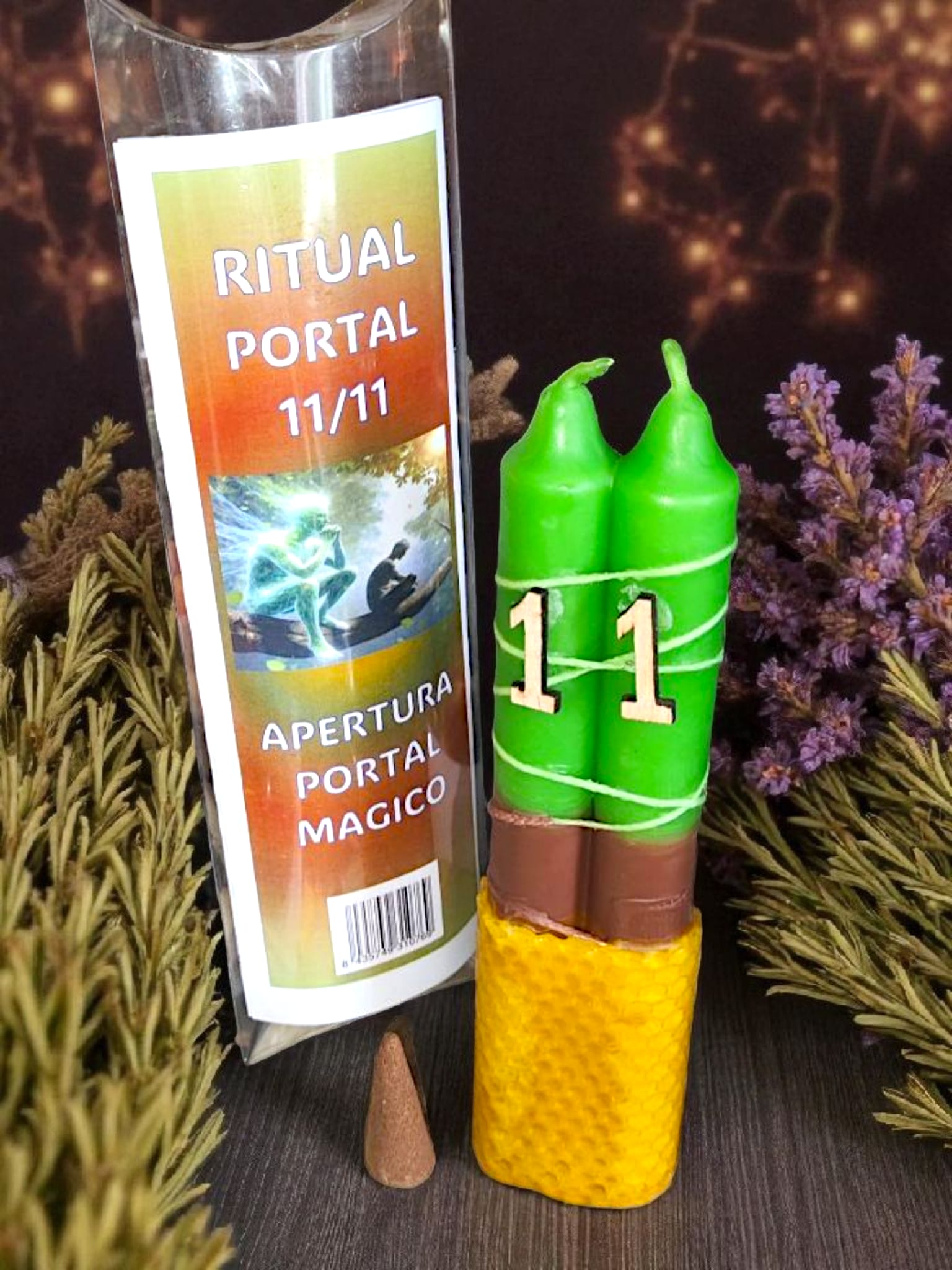Ritual Portal 11:11 con vela doble verde y base de cera de abeja natural – apertura energética y manifestación