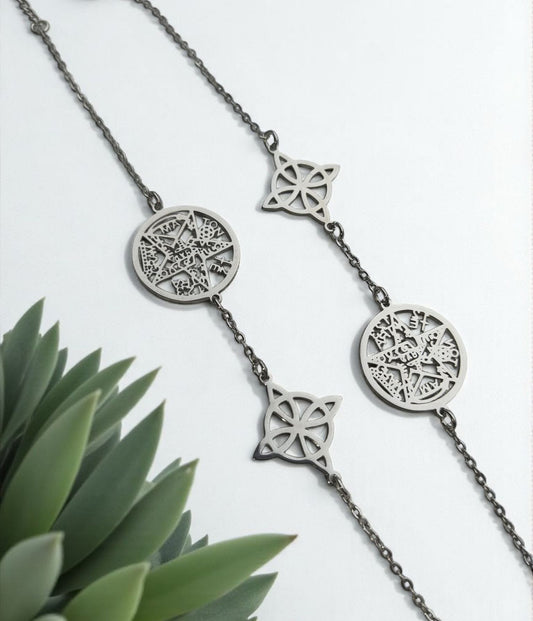 Pulsera Doble Protección en acero inoxidable con Tetragrámaton y Nudo de Bruja – amuleto protector y escudo energético