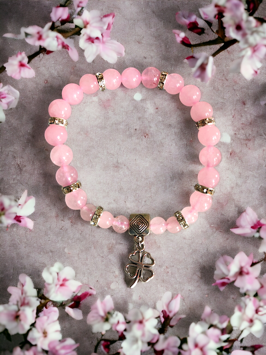 Pulsera Suerte en el Amor - Cuarzo Rosa con amuleto Trébol