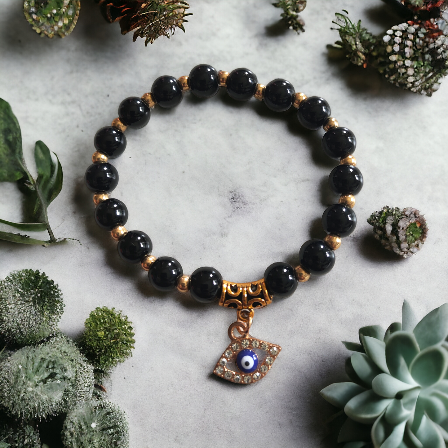 Pulsera de cuentas de Obsidiana con amuleto Ojo Turco