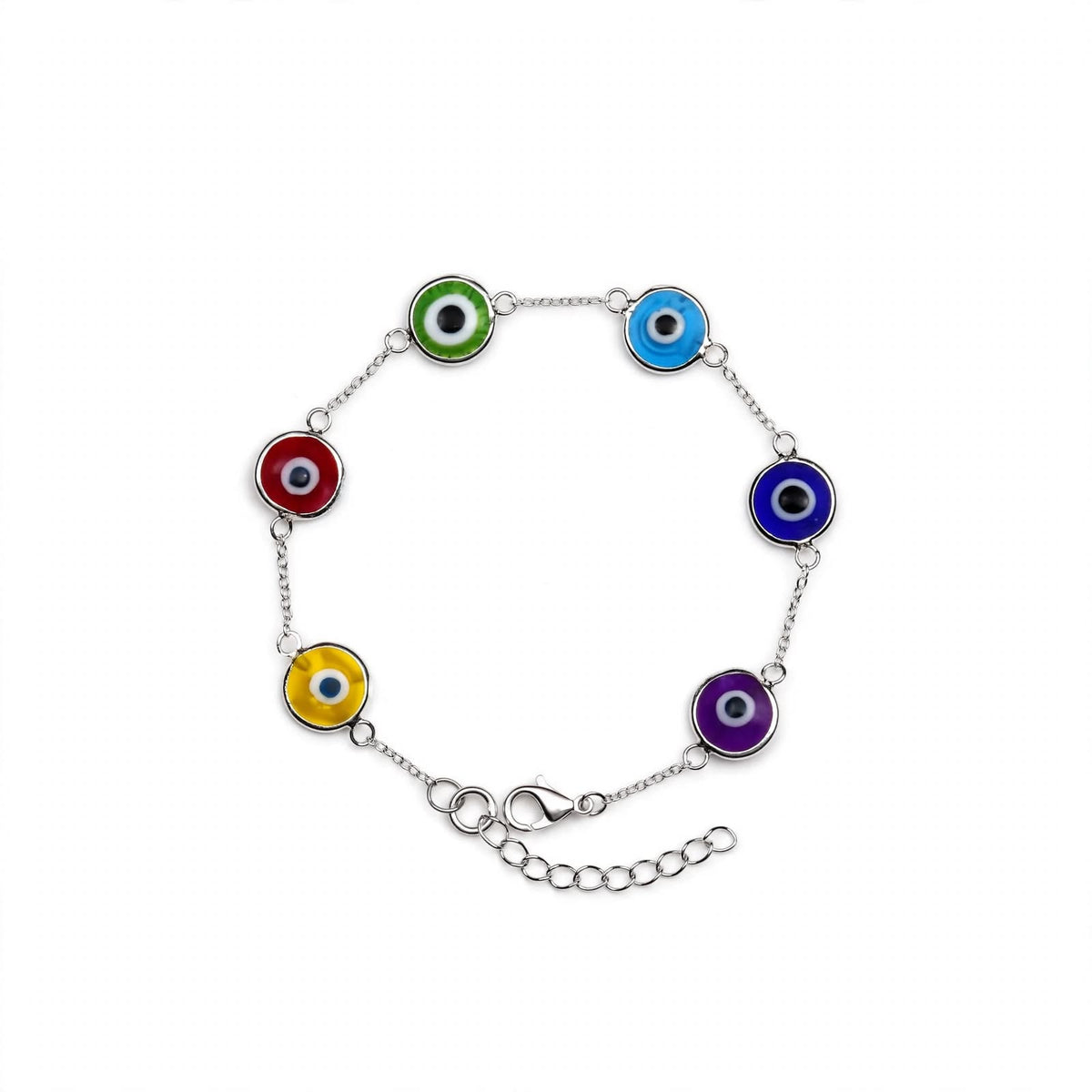 Pulsera ojo turco 6 colores en baño de plata vista cenital sobre fondo blanco