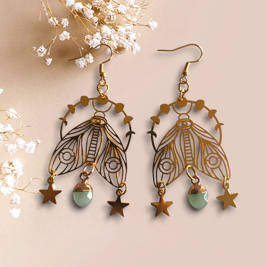 Pendientes Polilla Lunar dorado con Amazonita Verde