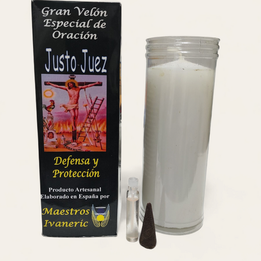Velón especial San Justo Juez con aceite, incienso y oración para defensa y protección 
