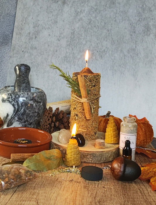 Altar con ritual de samhain con velon encendido