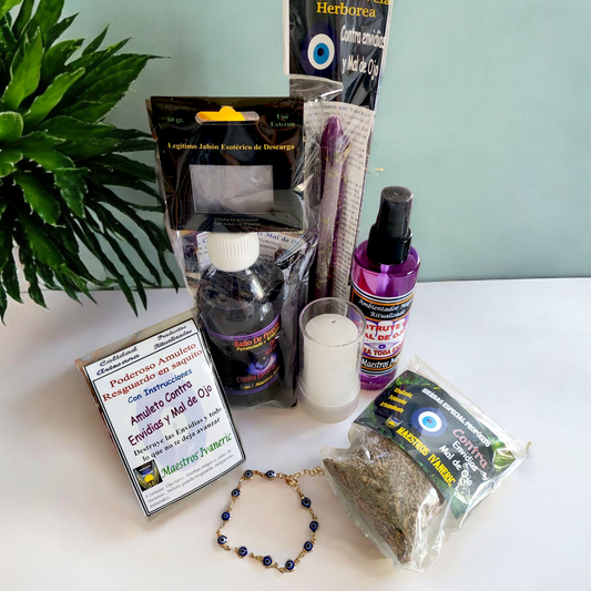 Pack contra mal de ojo y envidias con vela, amuleto, spray, hierbas, pulsera ojo turco y roll-on de alumbre – Magic Moon