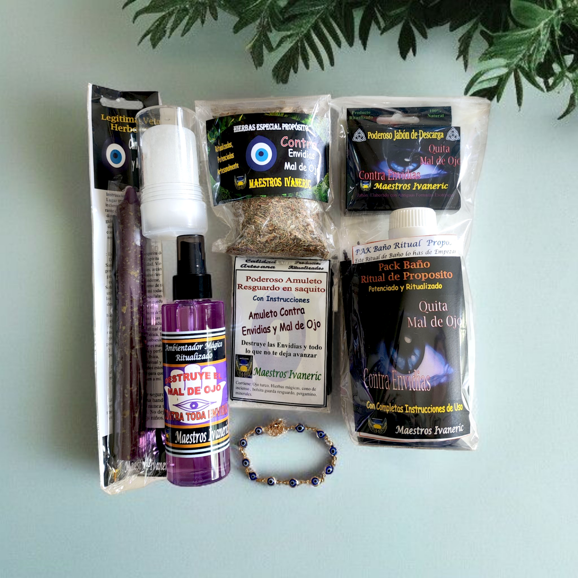 Pack contra mal de ojo y envidias con vela, amuleto, spray, hierbas, pulsera ojo turco y roll-on de alumbre –  Pack completo Magic Moon
