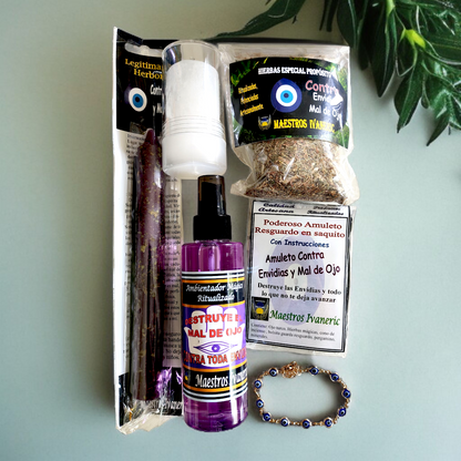 Pack contra mal de ojo y envidias con vela, amuleto, spray, hierbas, pulsera ojo turco y roll-on de alumbre –  Pack Simple Magic Moon