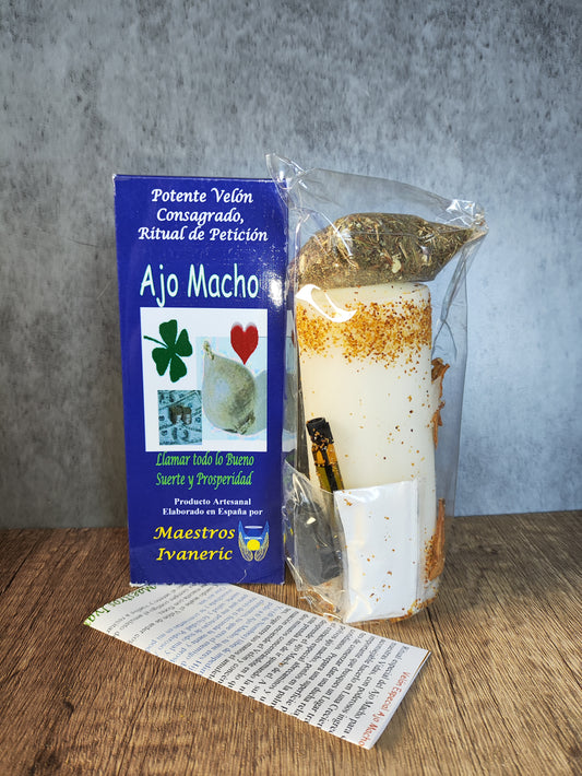 Velón Especial Ajo Macho – Ritual Completo con Aceite, Polvos, Hierbas y Oración