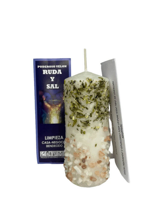 Velón preparado de ruda y sal para limpieza energética y protección